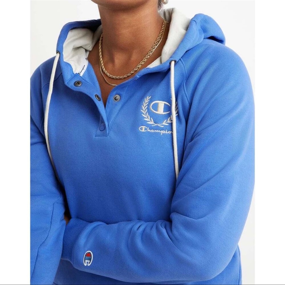 Champion Blue Snap Campus Fleece Laurel Script Hoodie Sweatshirt
